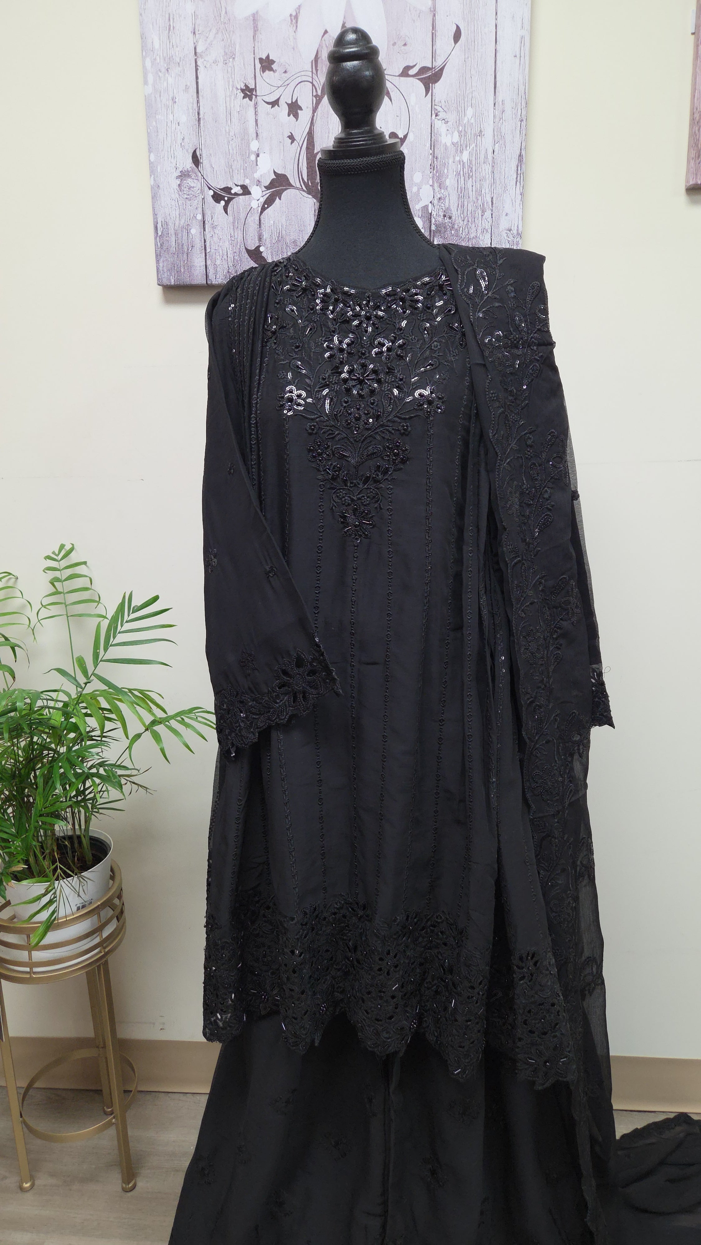 Elegant Chiffon Pleated Short Frock & Intricate Cutwork Palazzo Set - Boutique By MaryamBoutique By MaryamBoutique By MaryamBlackSElegant Chiffon Pleated Short Frock & Intricate Cutwork Palazzo Set