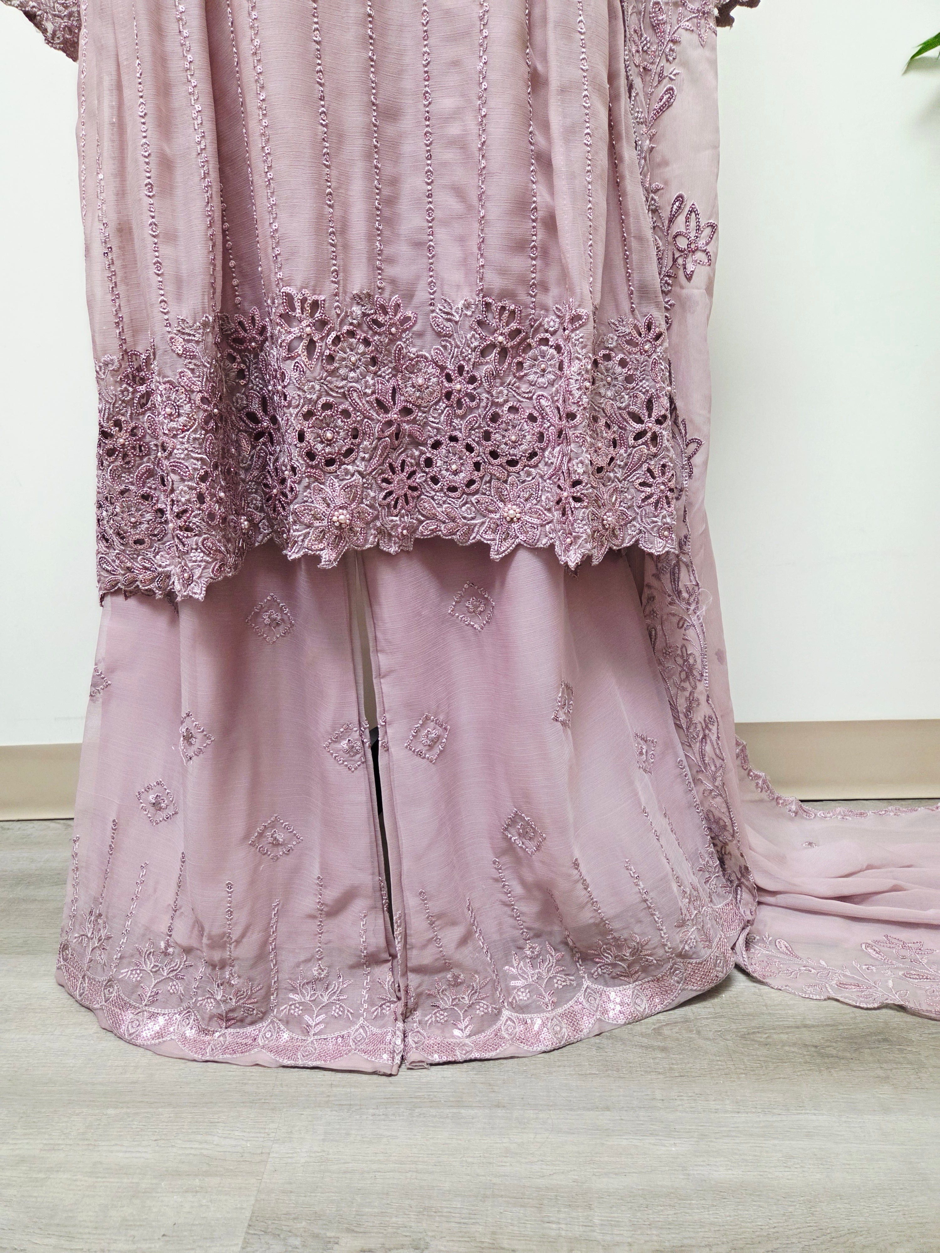 Elegant Chiffon Pleated Short Frock & Intricate Cutwork Palazzo Set - Boutique By MaryamBoutique By MaryamBoutique By MaryamRose GoldSElegant Chiffon Pleated Short Frock & Intricate Cutwork Palazzo Set
