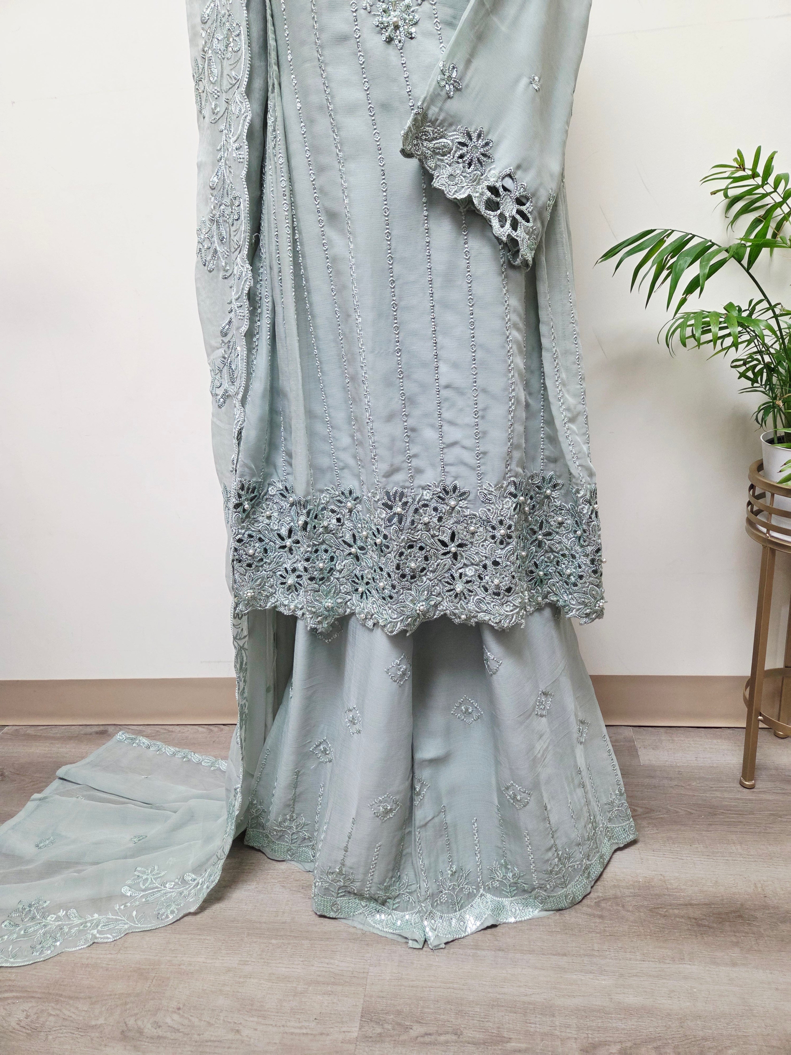 Elegant Chiffon Pleated Short Frock & Intricate Cutwork Palazzo Set - Boutique By MaryamBoutique By MaryamBoutique By MaryamPista GreenSElegant Chiffon Pleated Short Frock & Intricate Cutwork Palazzo Set