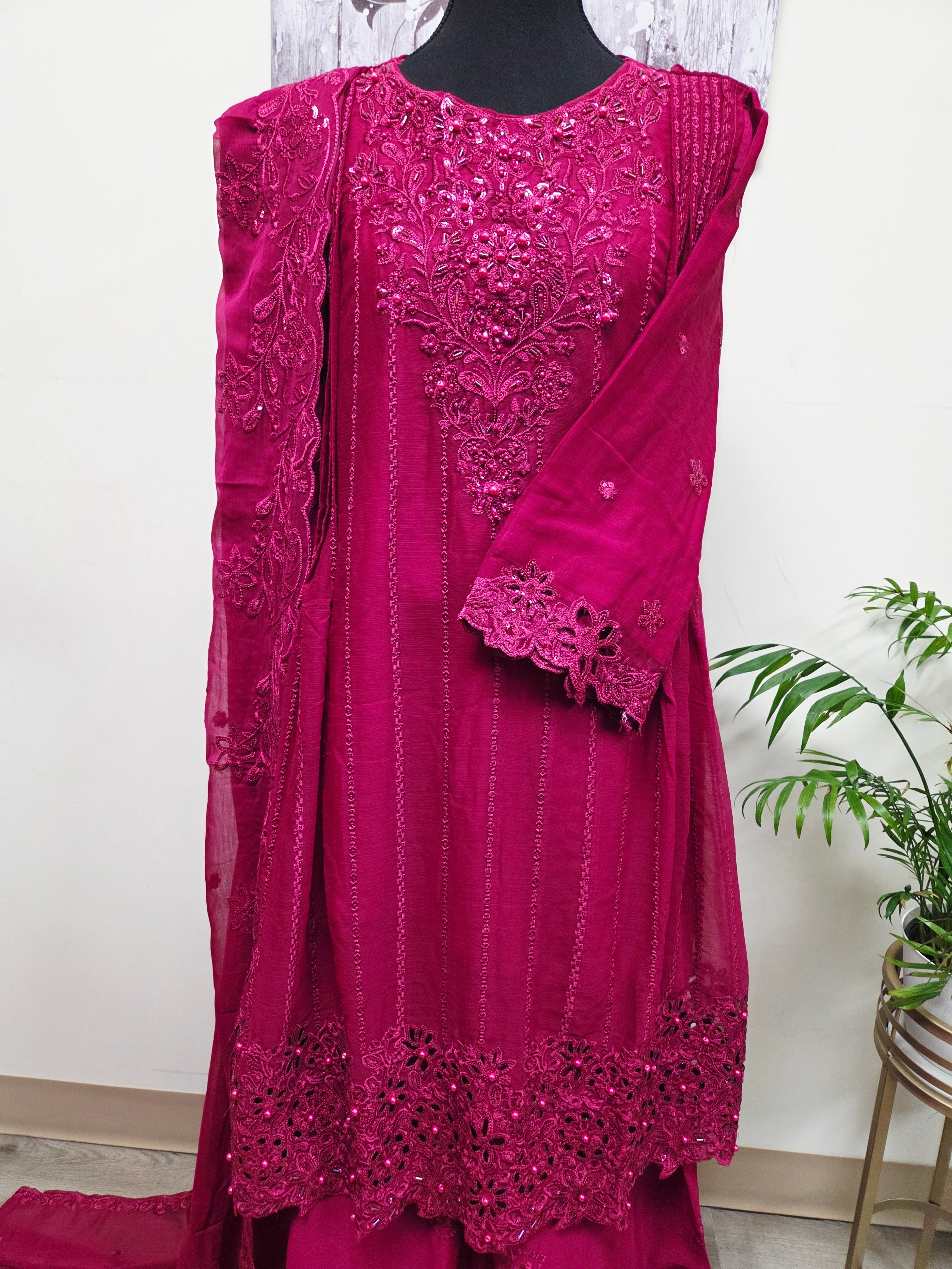 Elegant Chiffon Pleated Short Frock & Intricate Cutwork Palazzo Set - Boutique By MaryamBoutique By MaryamBoutique By MaryamLight MaroonSElegant Chiffon Pleated Short Frock & Intricate Cutwork Palazzo Set