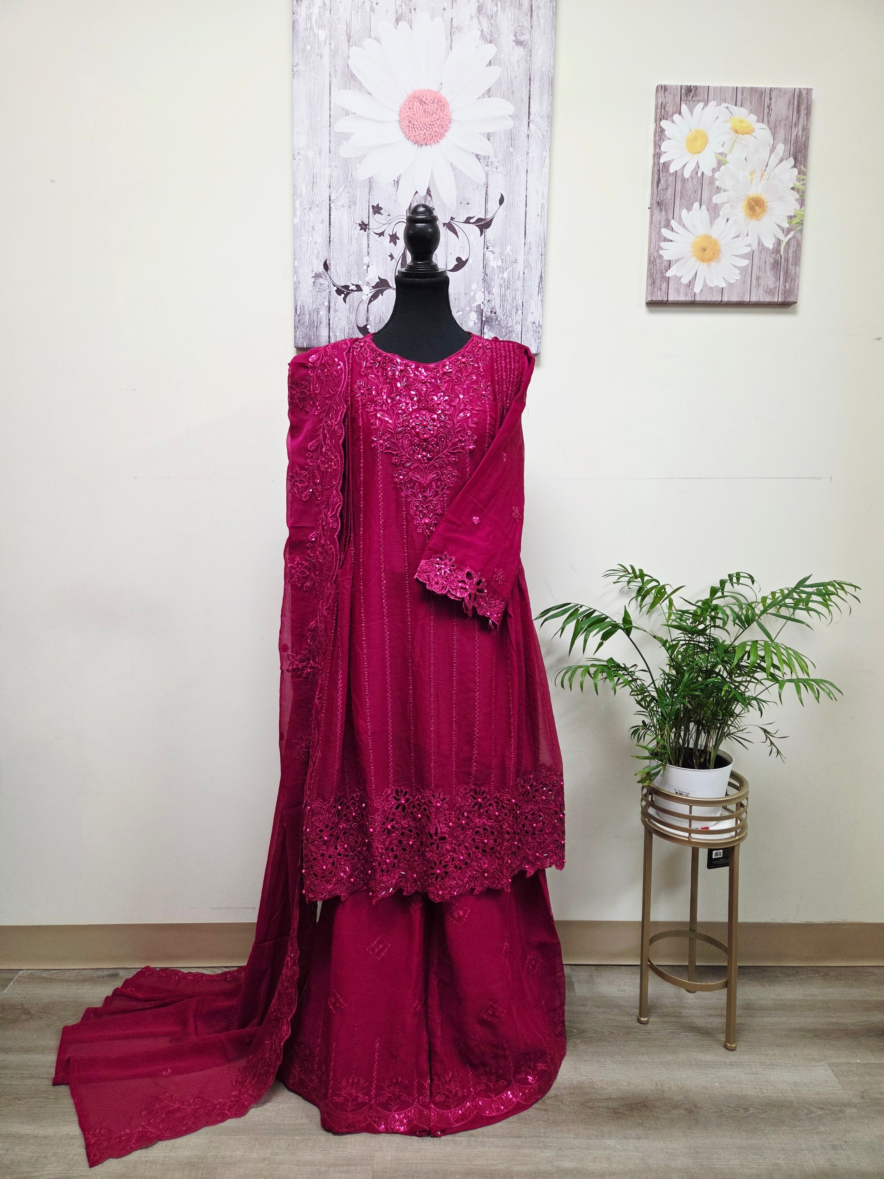 Elegant Chiffon Pleated Short Frock & Intricate Cutwork Palazzo Set - Boutique By MaryamBoutique By MaryamBoutique By MaryamLight MaroonSElegant Chiffon Pleated Short Frock & Intricate Cutwork Palazzo Set