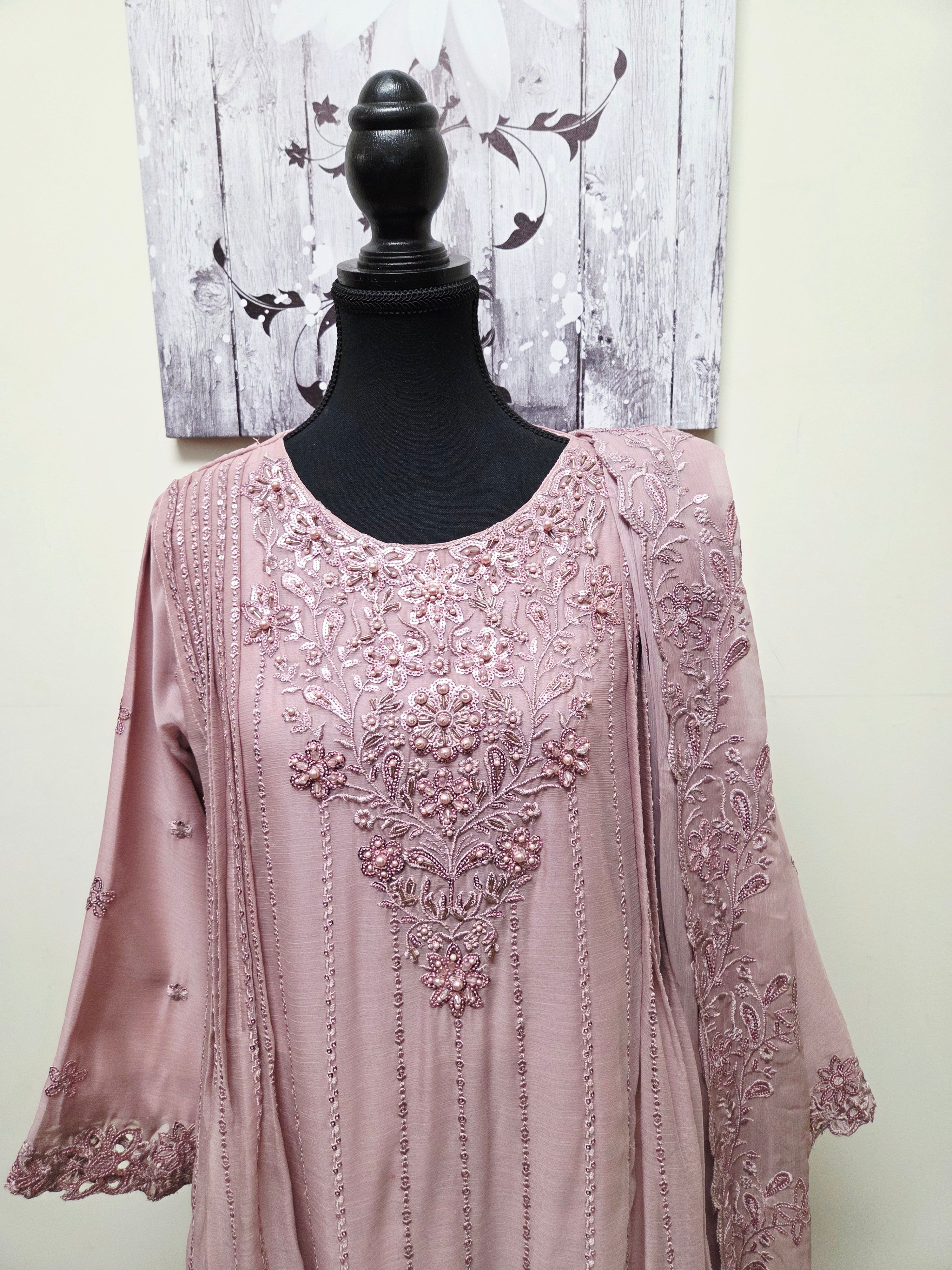 Elegant Chiffon Pleated Short Frock & Intricate Cutwork Palazzo Set - Boutique By MaryamBoutique By MaryamBoutique By MaryamRose GoldSElegant Chiffon Pleated Short Frock & Intricate Cutwork Palazzo Set