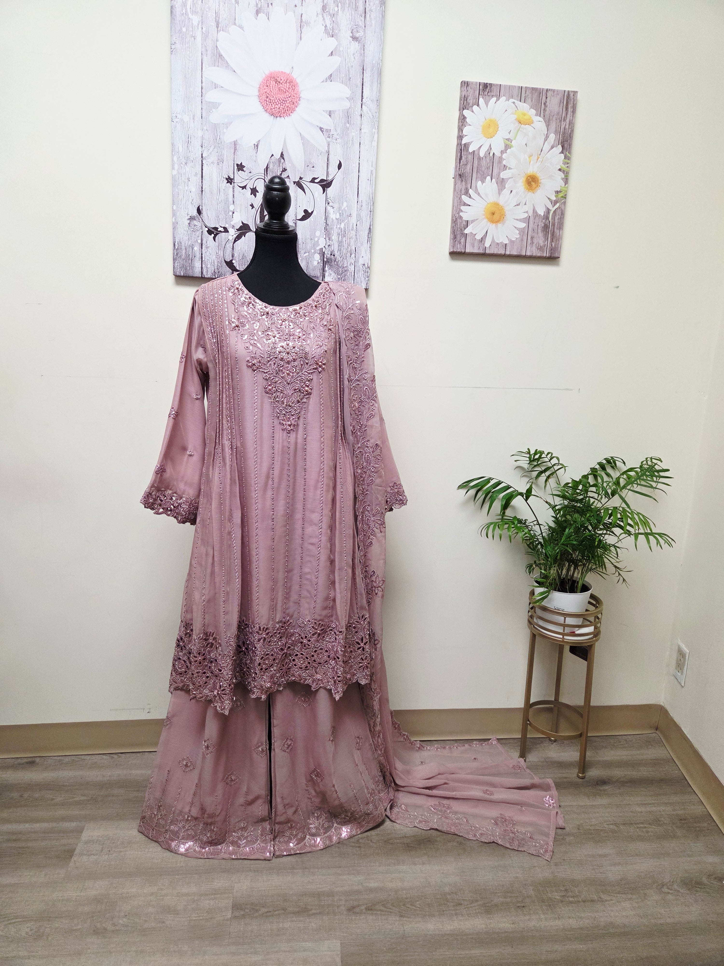 Elegant Chiffon Pleated Short Frock & Intricate Cutwork Palazzo Set - Boutique By MaryamBoutique By MaryamBoutique By MaryamRose GoldSElegant Chiffon Pleated Short Frock & Intricate Cutwork Palazzo Set