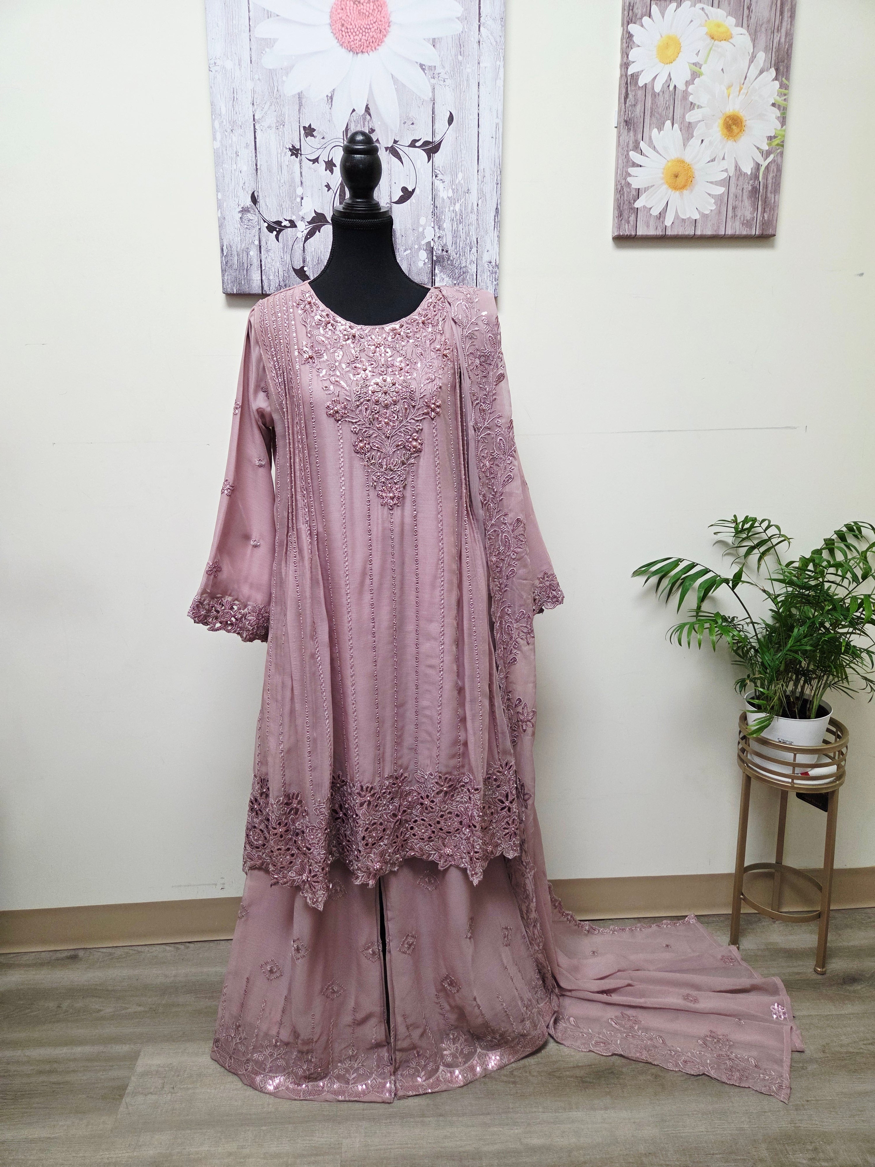 Elegant Chiffon Pleated Short Frock & Intricate Cutwork Palazzo Set - Boutique By MaryamBoutique By MaryamBoutique By MaryamDusty PinkSElegant Chiffon Pleated Short Frock & Intricate Cutwork Palazzo Set