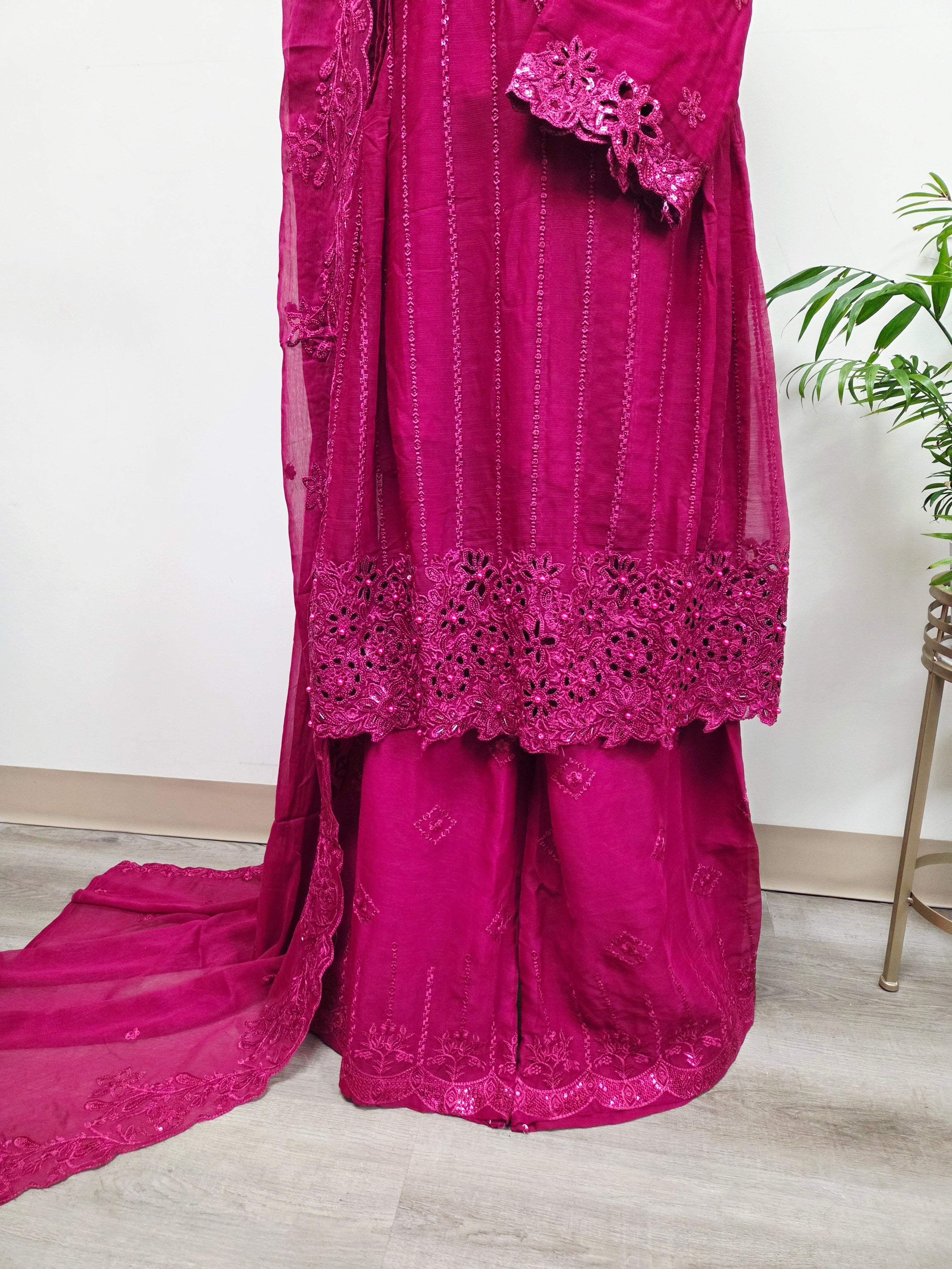 Elegant Chiffon Pleated Short Frock & Intricate Cutwork Palazzo Set - Boutique By MaryamBoutique By MaryamBoutique By MaryamLight MaroonSElegant Chiffon Pleated Short Frock & Intricate Cutwork Palazzo Set