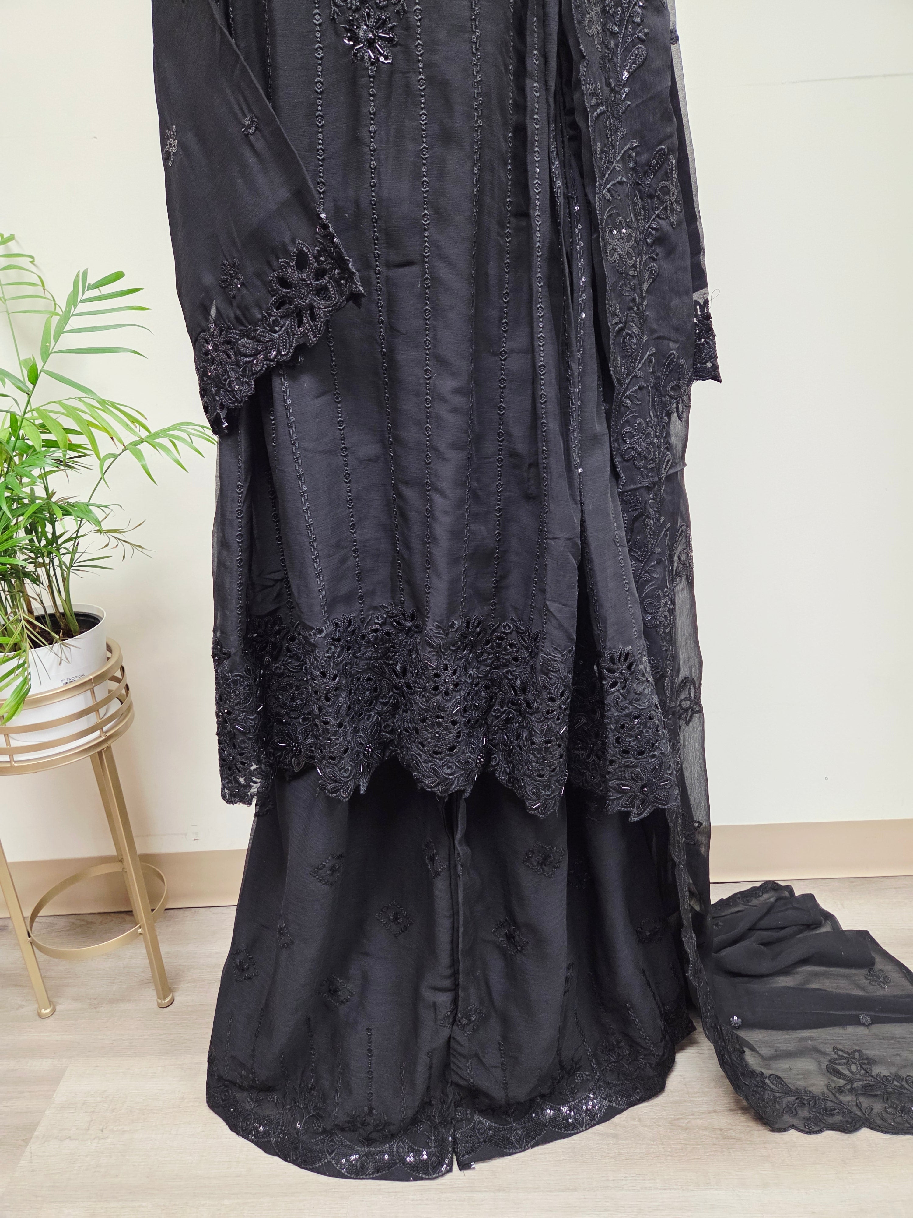 Elegant Chiffon Pleated Short Frock & Intricate Cutwork Palazzo Set - Boutique By MaryamBoutique By MaryamBoutique By MaryamBlackSElegant Chiffon Pleated Short Frock & Intricate Cutwork Palazzo Set