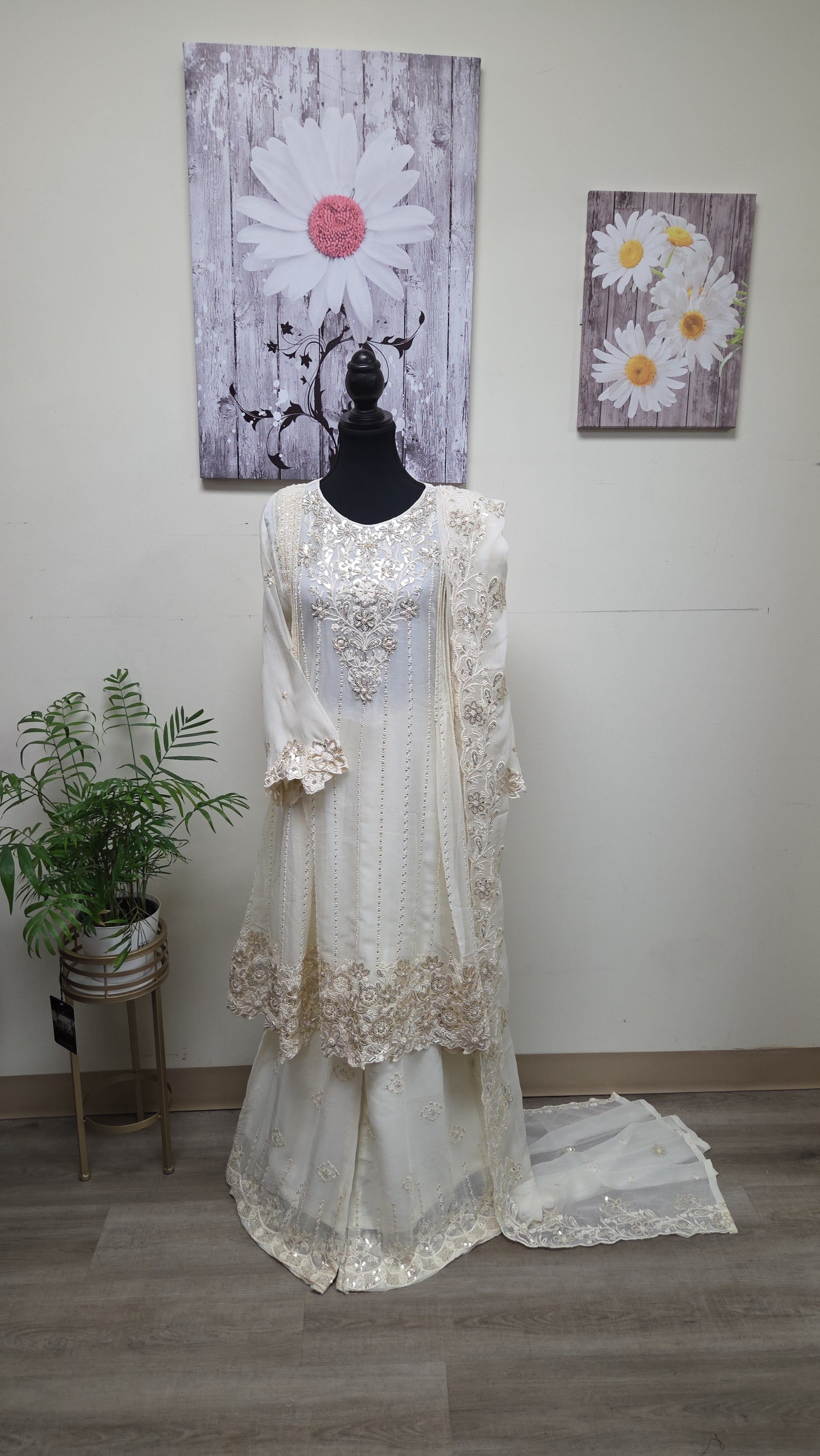 Elegant Chiffon Pleated Short Frock & Intricate Cutwork Palazzo Set - Boutique By MaryamBoutique By MaryamBoutique By MaryamOff - WhiteSElegant Chiffon Pleated Short Frock & Intricate Cutwork Palazzo Set