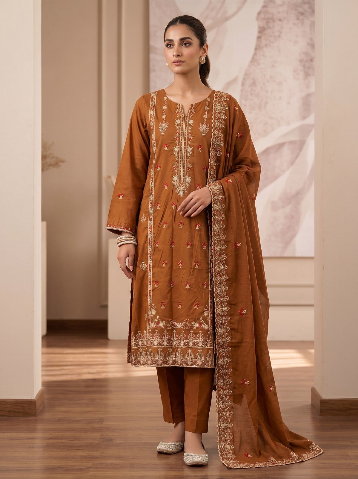 Embroidered cotton 3 piece Pakistani dress in Coffee Brown - Boutique By Maryam Canada