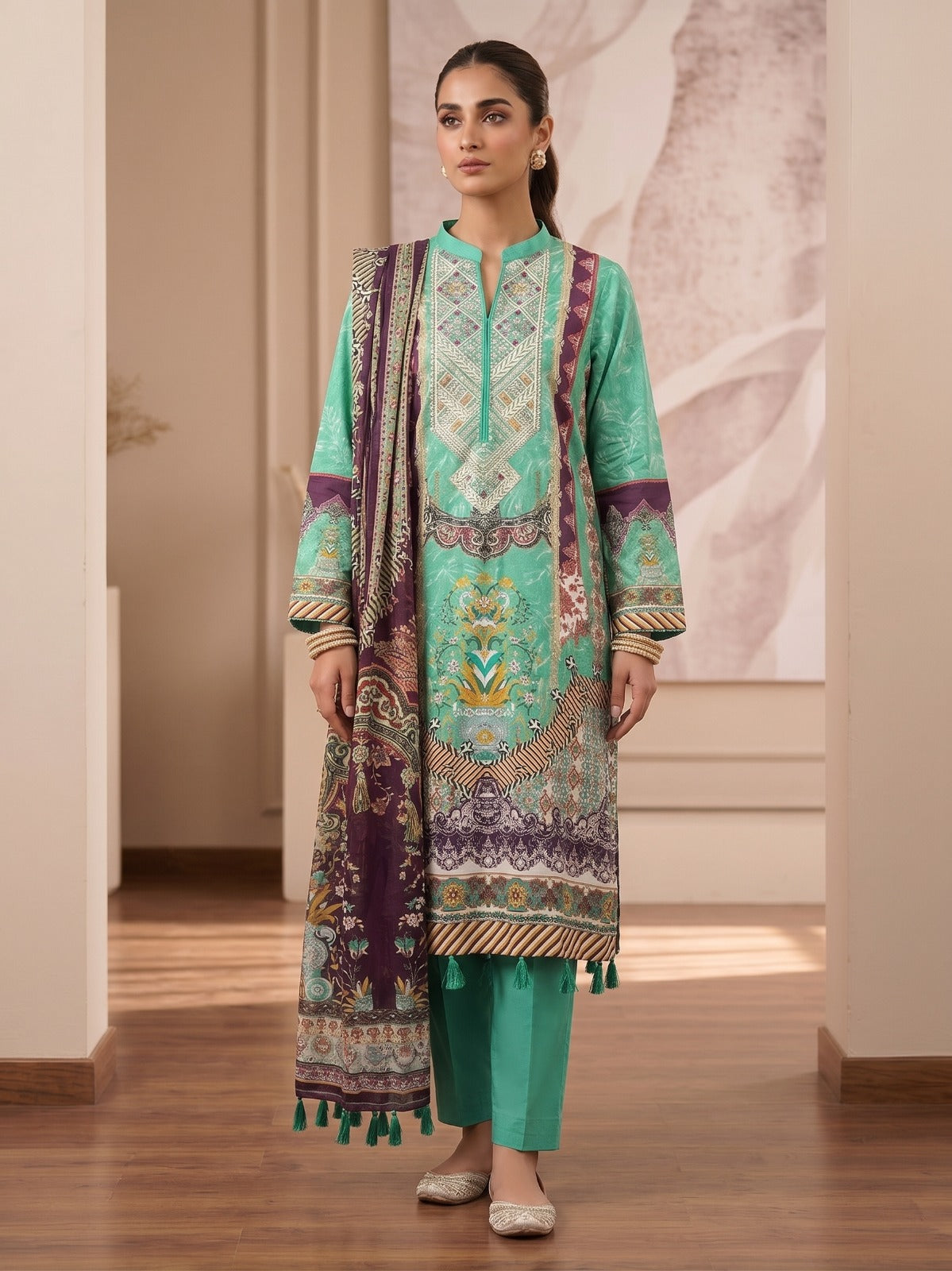 Boutique By Maryam embroidered cotton 3 piece dress in Ferozi Green - Canada