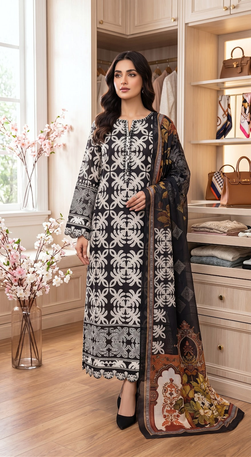 Embroidered cotton 3 piece Pakistani dress in Kala black - Boutique By Maryam Canada