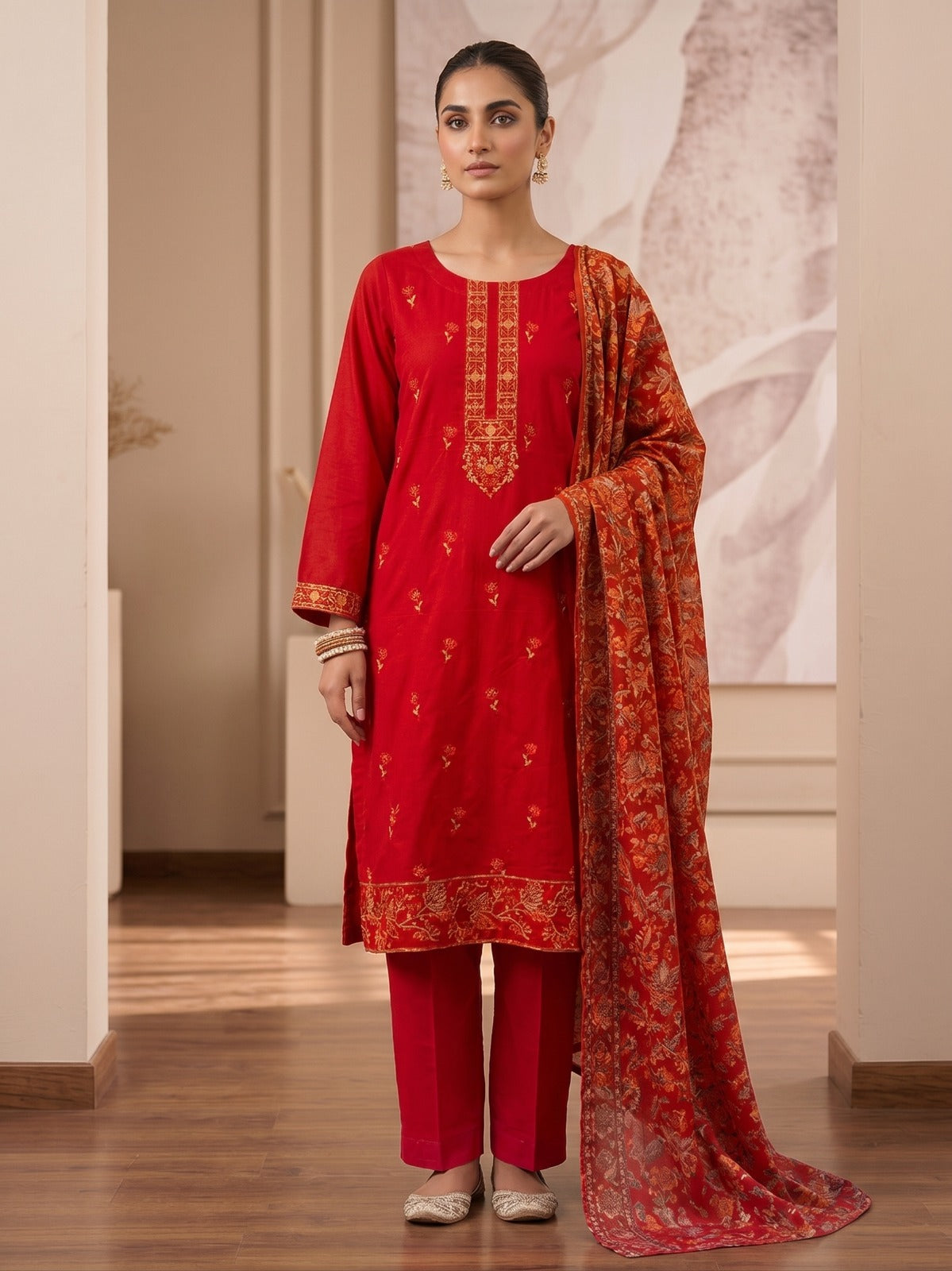 Embroidered cotton 3 piece Pakistani dress in Lal red - Boutique By Maryam Canada