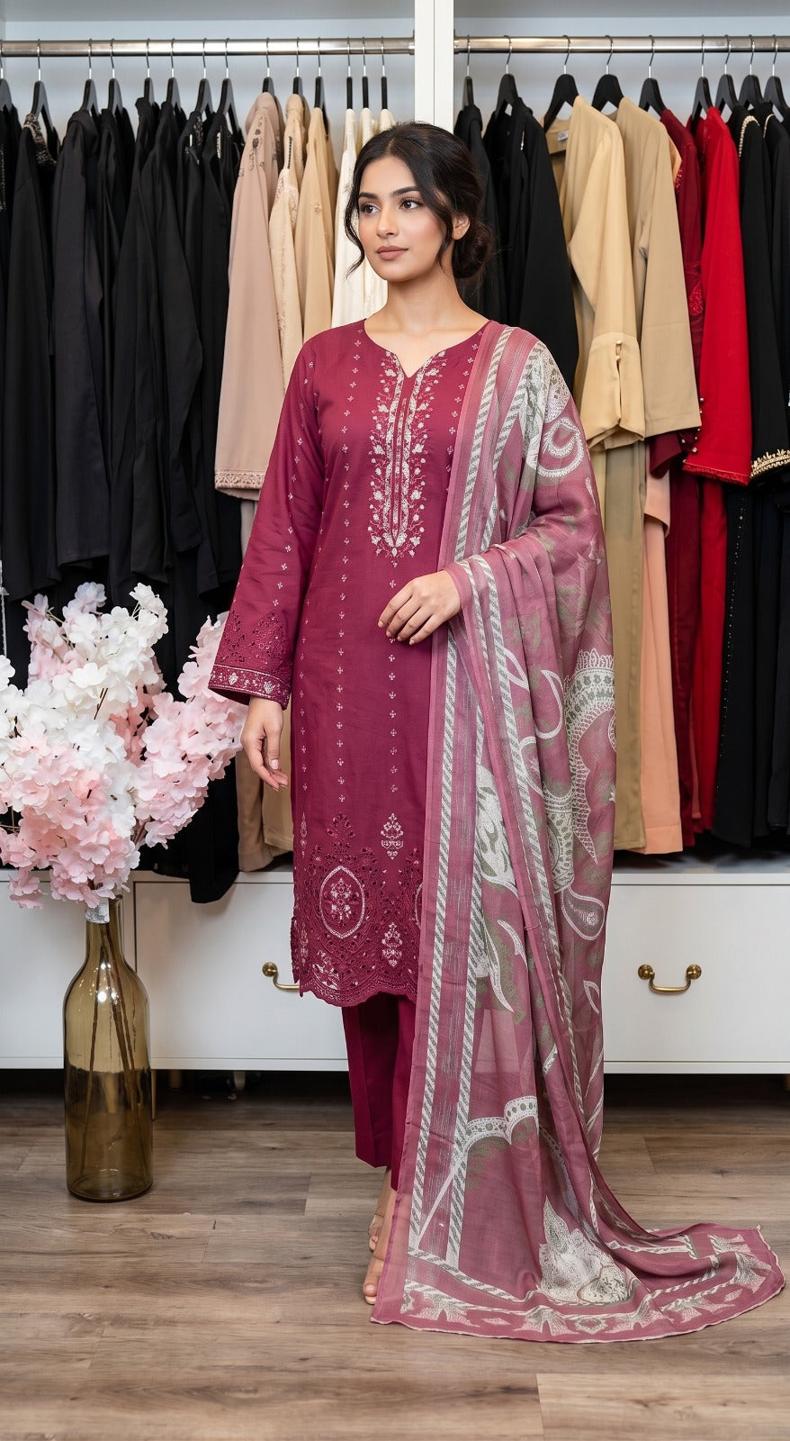 Embroidered cotton 3 piece Pakistani dress in Mehroon - Boutique By Maryam Canada