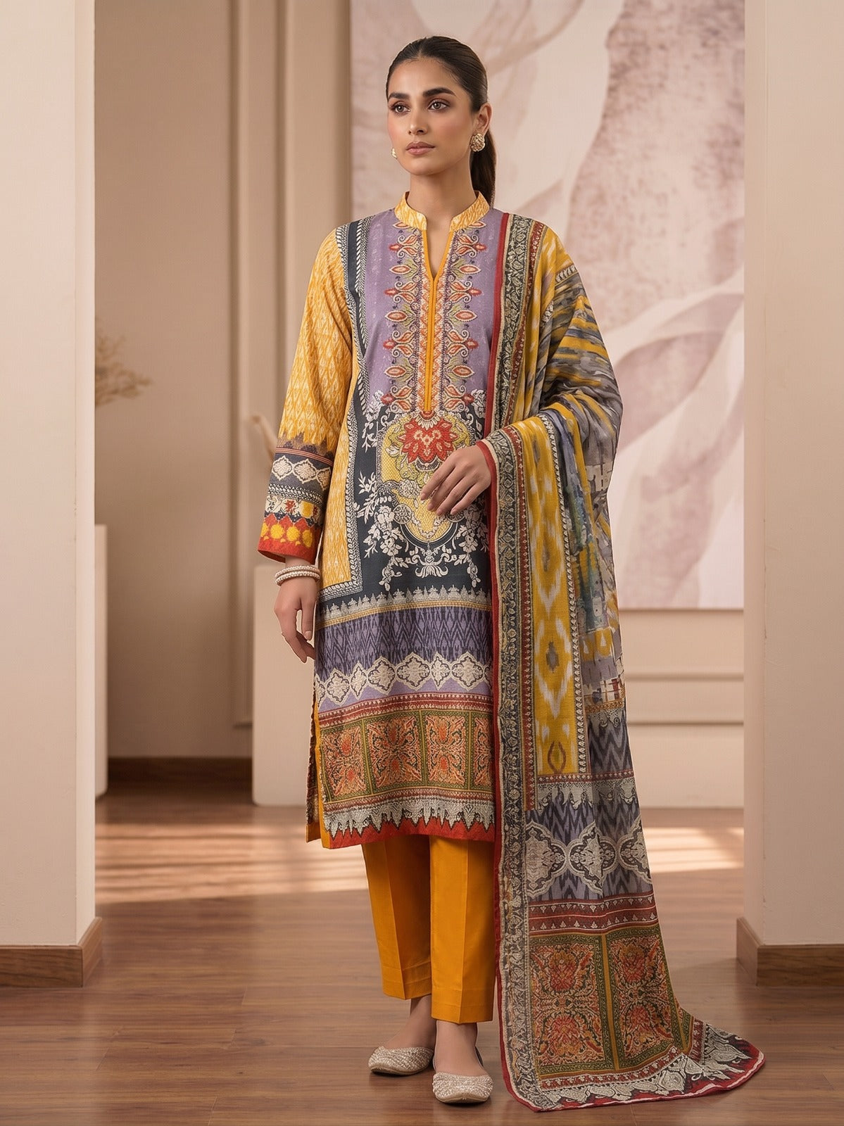 Boutique By Maryam embroidered cotton 3 piece dress in Mustard Grey - Canada