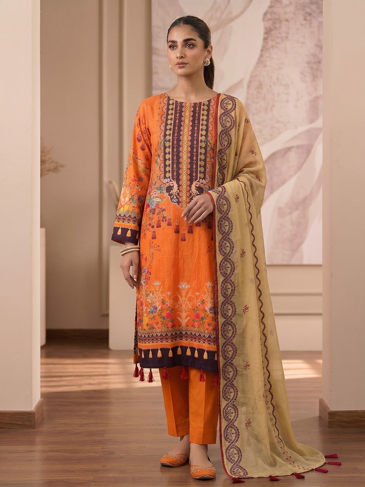 Boutique By Maryam embroidered cotton 3 piece dress in Orange Beige - Canada