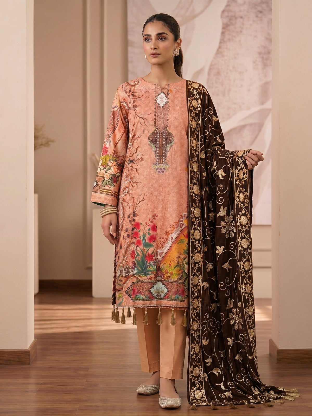 Boutique By Maryam embroidered cotton 3 piece dress in Peach Brown - Canada