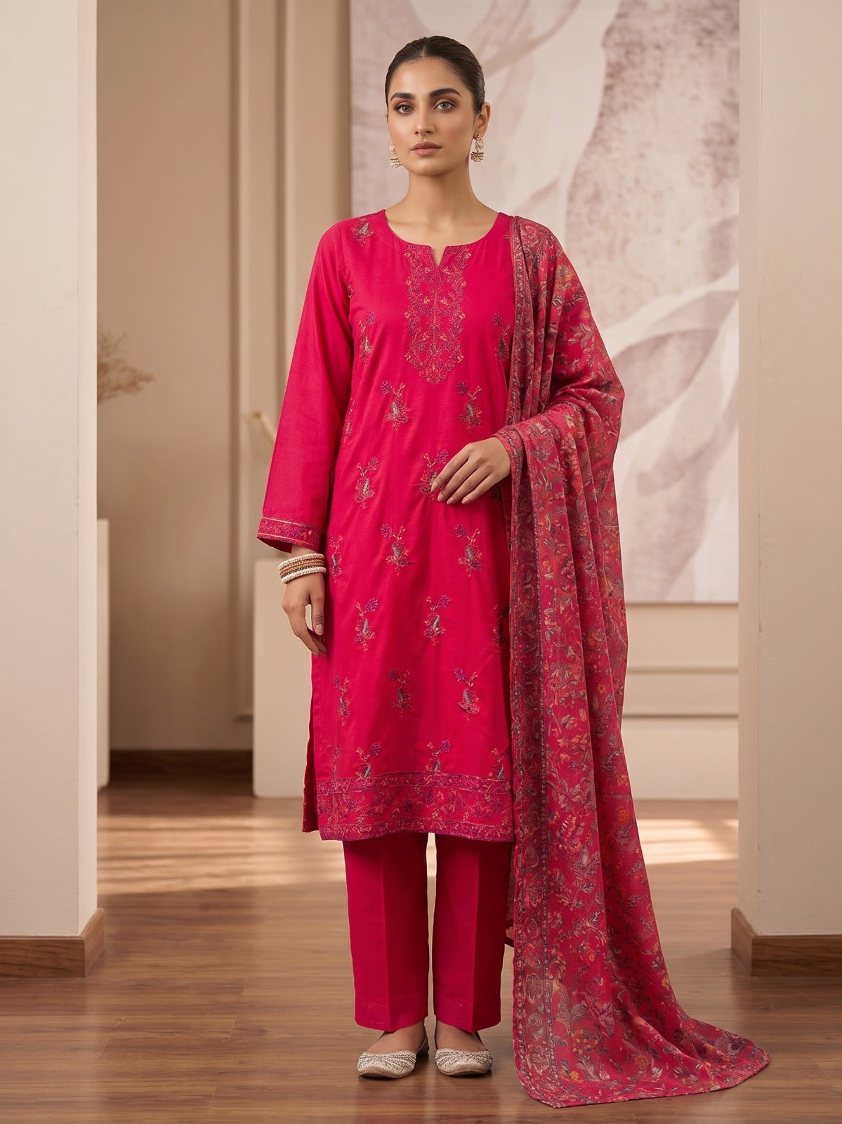 Embroidered cotton 3 piece Pakistani dress in Rani pink - Boutique By Maryam Canada