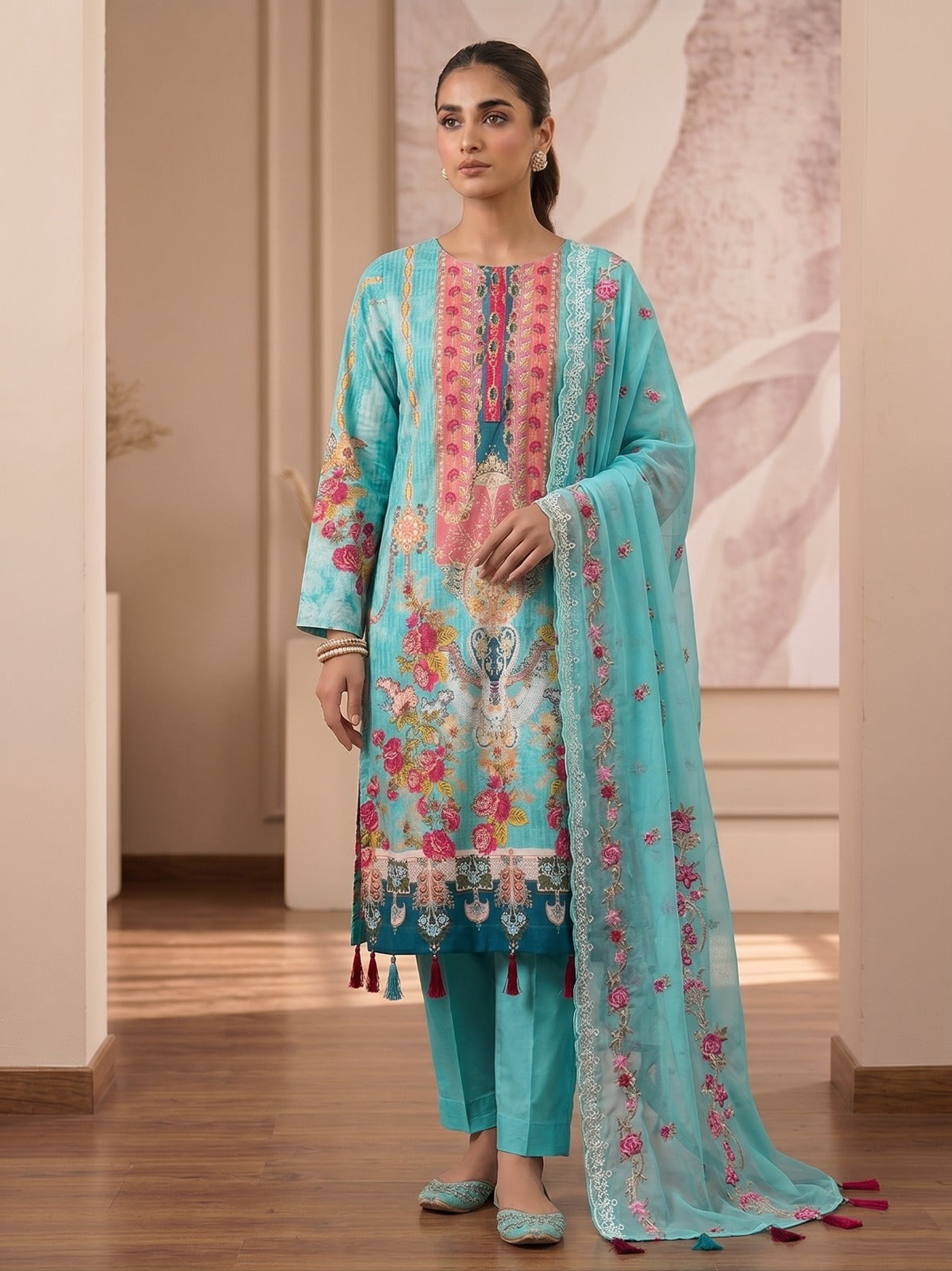 Boutique By Maryam embroidered cotton 3 piece dress in Sky Ferozi - Canada