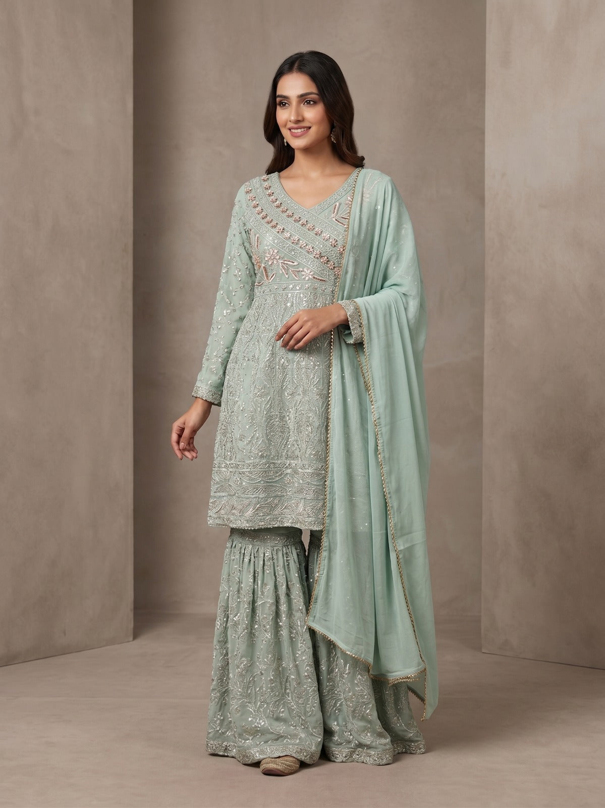 BM-CH-037 - Embroidered Chiffon Gharara 3 Piece Suit