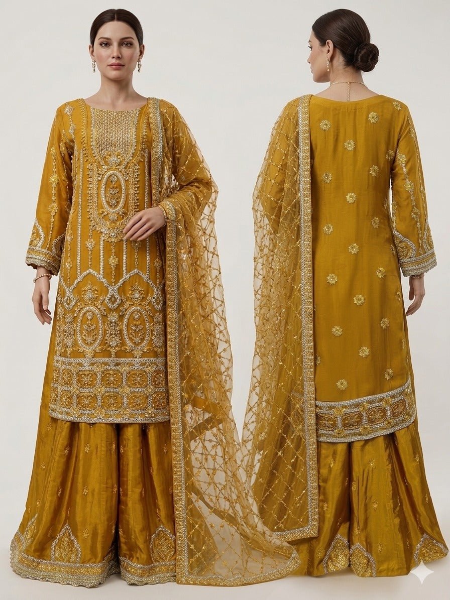 FW - 002 Fancy work Women's Shalwar Kameez Set with Dupatta – Pakistani Traditional Outfit - Boutique By MaryamBoutique By MaryamBoutique By MaryamMustardSFW - 002 Fancy work Women's Shalwar Kameez Set with Dupatta – Pakistani Traditional Outfit