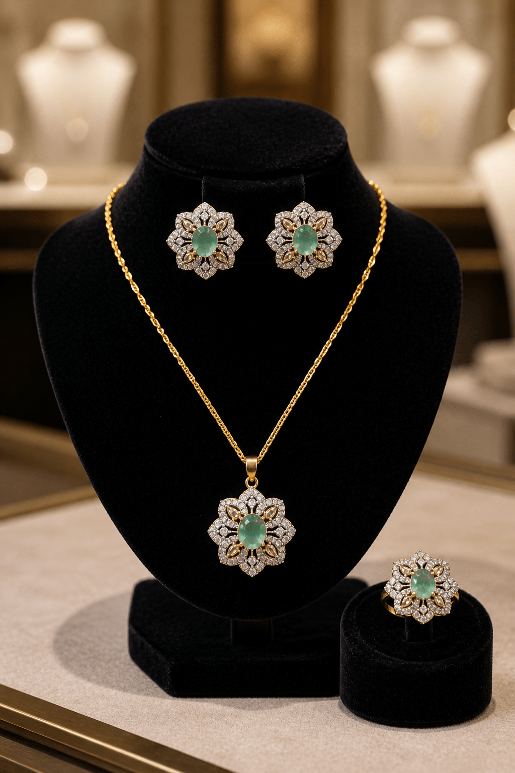 Js - 001 Floral Gold - Tone Necklace, Earrings & Ring Jewelry Set - Boutique By MaryamBoutique By MaryamBoutique By MaryamLight MehandiJs - 001 Floral Gold - Tone Necklace, Earrings & Ring Jewelry Set