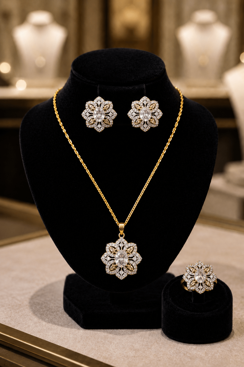 Js - 001 Floral Gold - Tone Necklace, Earrings & Ring Jewelry Set - Boutique By MaryamBoutique By MaryamBoutique By MaryamLight MehandiJs - 001 Floral Gold - Tone Necklace, Earrings & Ring Jewelry Set