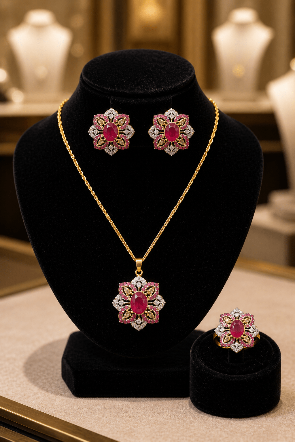 Js - 001 Floral Gold - Tone Necklace, Earrings & Ring Jewelry Set - Boutique By MaryamBoutique By MaryamBoutique By MaryamRedJs - 001 Floral Gold - Tone Necklace, Earrings & Ring Jewelry Set