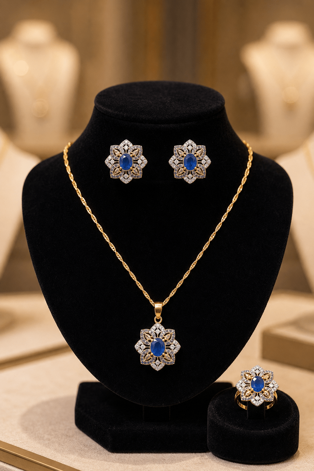 Js - 001 Floral Gold - Tone Necklace, Earrings & Ring Jewelry Set - Boutique By MaryamBoutique By MaryamBoutique By MaryamBlueJs - 001 Floral Gold - Tone Necklace, Earrings & Ring Jewelry Set