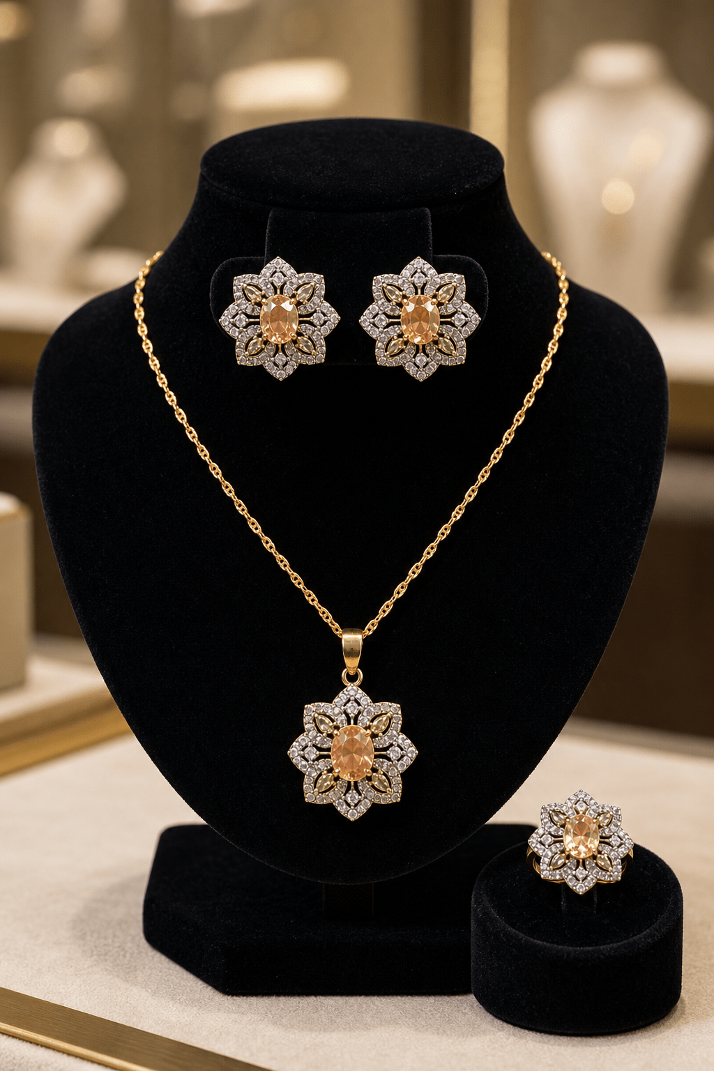 Js - 001 Floral Gold - Tone Necklace, Earrings & Ring Jewelry Set - Boutique By MaryamBoutique By MaryamBoutique By MaryamChampagneJs - 001 Floral Gold - Tone Necklace, Earrings & Ring Jewelry Set