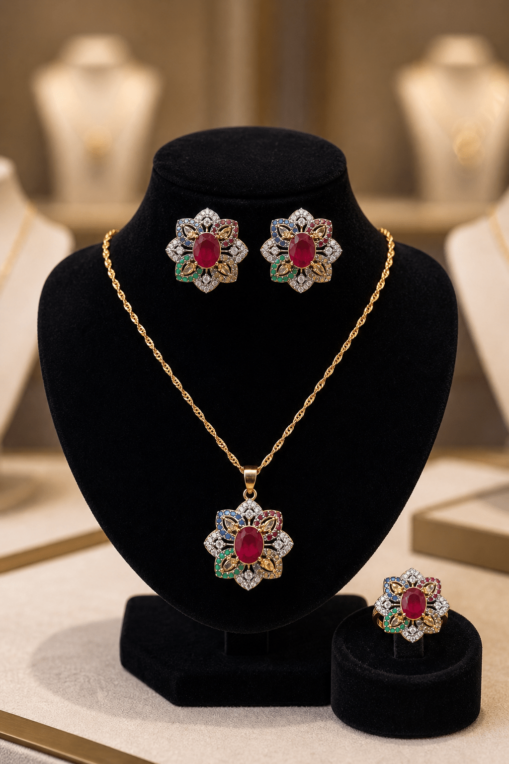 Js - 001 Floral Gold - Tone Necklace, Earrings & Ring Jewelry Set - Boutique By MaryamBoutique By MaryamBoutique By MaryamMulticolorJs - 001 Floral Gold - Tone Necklace, Earrings & Ring Jewelry Set