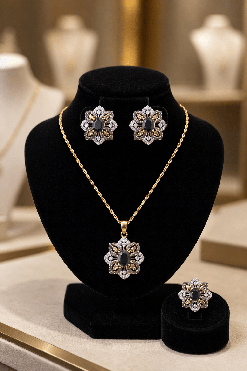 Js - 001 Floral Gold - Tone Necklace, Earrings & Ring Jewelry Set - Boutique By MaryamBoutique By MaryamBoutique By MaryamBlackJs - 001 Floral Gold - Tone Necklace, Earrings & Ring Jewelry Set