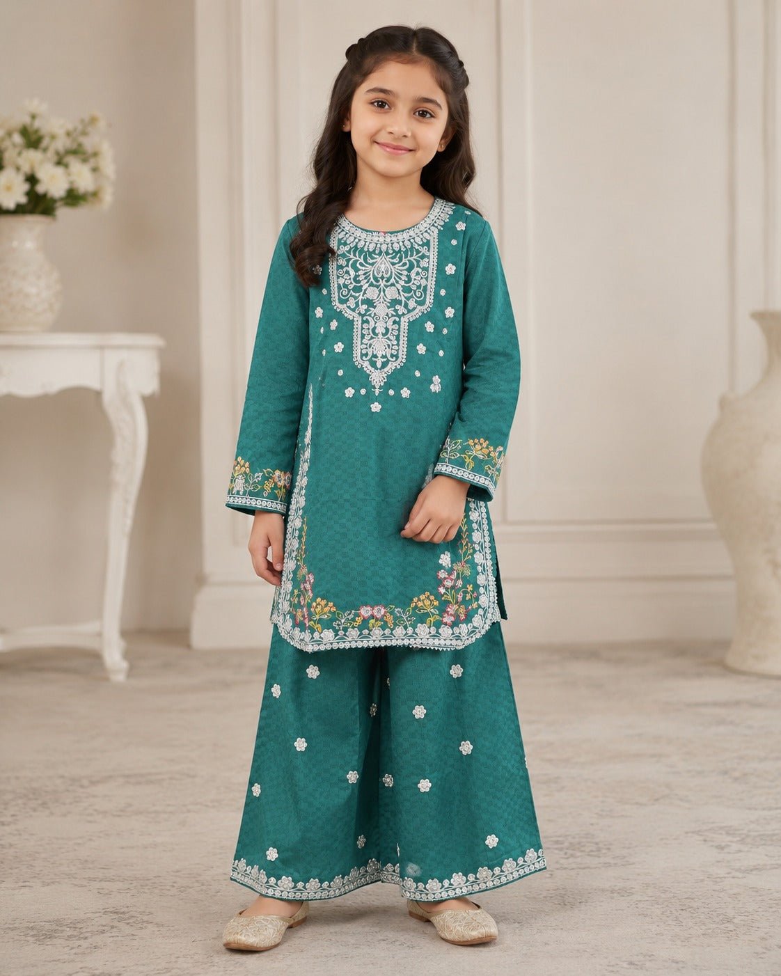 KD - 01 Teal Girls Embroidered 2 - Piece Kurta & Sharara Set – Traditional Dress for Girls - Boutique By MaryamBoutique By MaryamBoutique By MaryamBM-KD-00126KD - 01 Teal Girls Embroidered 2 - Piece Kurta & Sharara Set – Traditional Dress for Girls