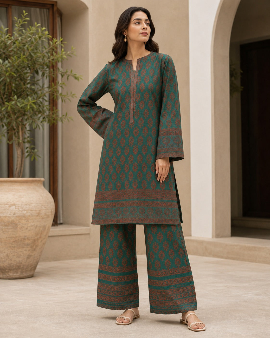 Boutique By Maryam printed linen 2 piece co-ord set in Bottle Green
