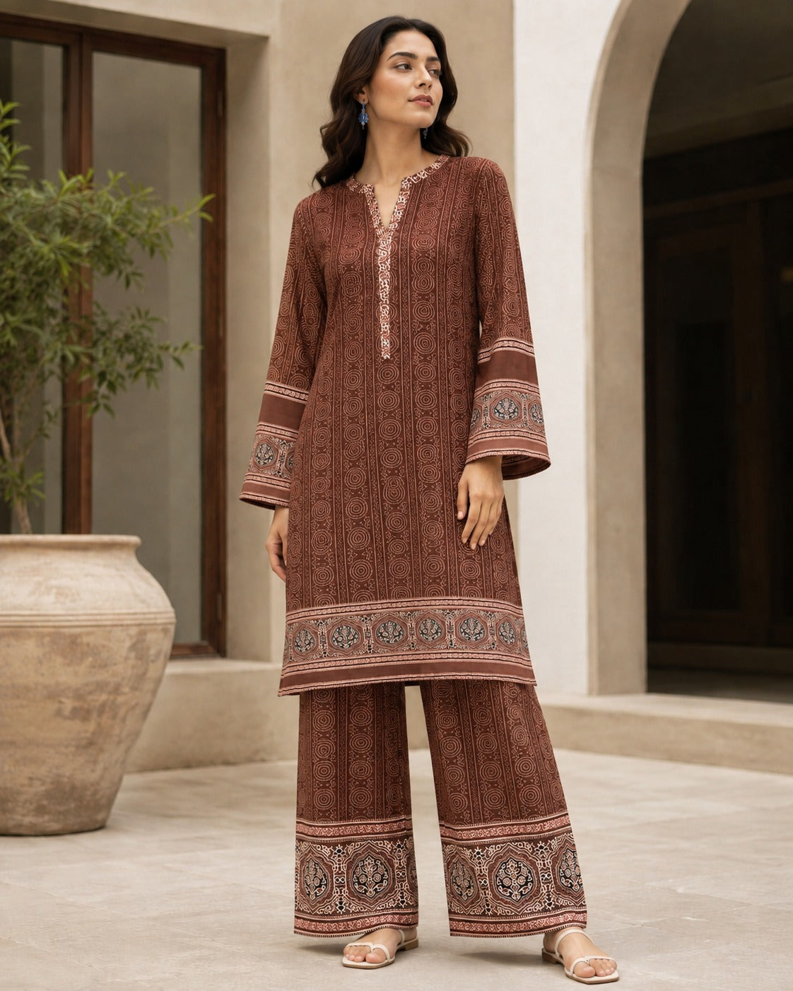 Boutique By Maryam printed linen 2 piece co-ord set in Chocolate Brown