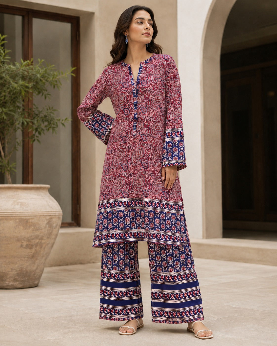 Boutique By Maryam printed linen 2 piece co-ord set in Gulabi Navy