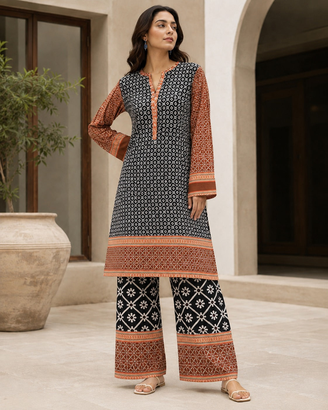 Boutique By Maryam printed linen 2 piece co-ord set in Kala Narangi
