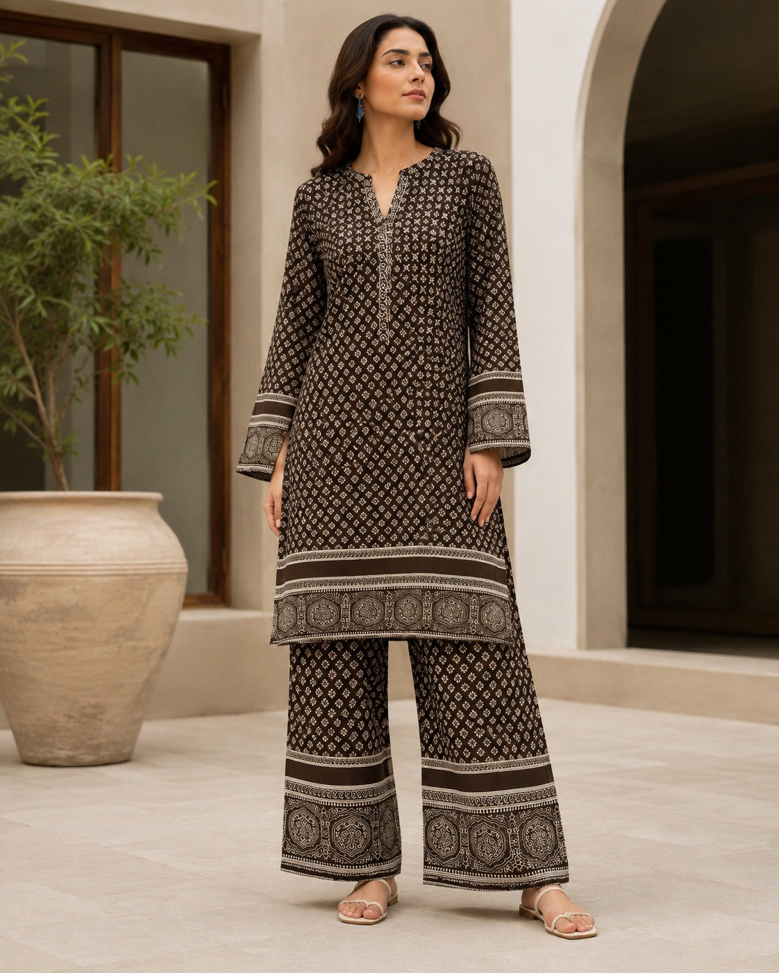 Boutique By Maryam printed linen 2 piece co-ord set in Kala Off White