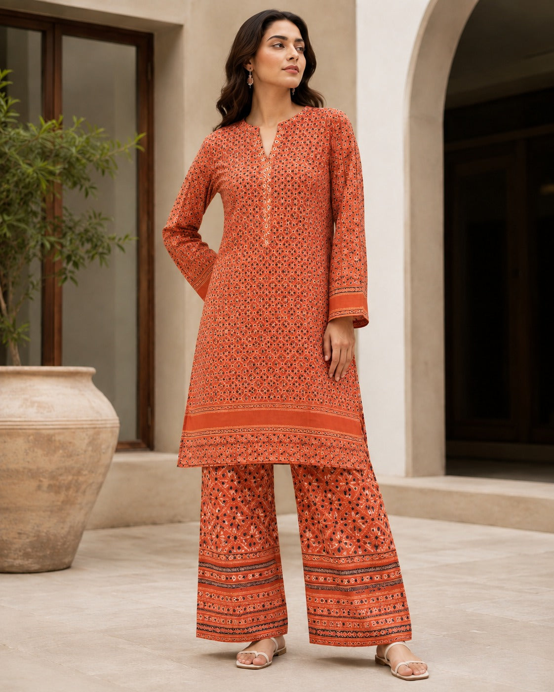 Boutique By Maryam printed linen 2 piece co-ord set in Narangi Print