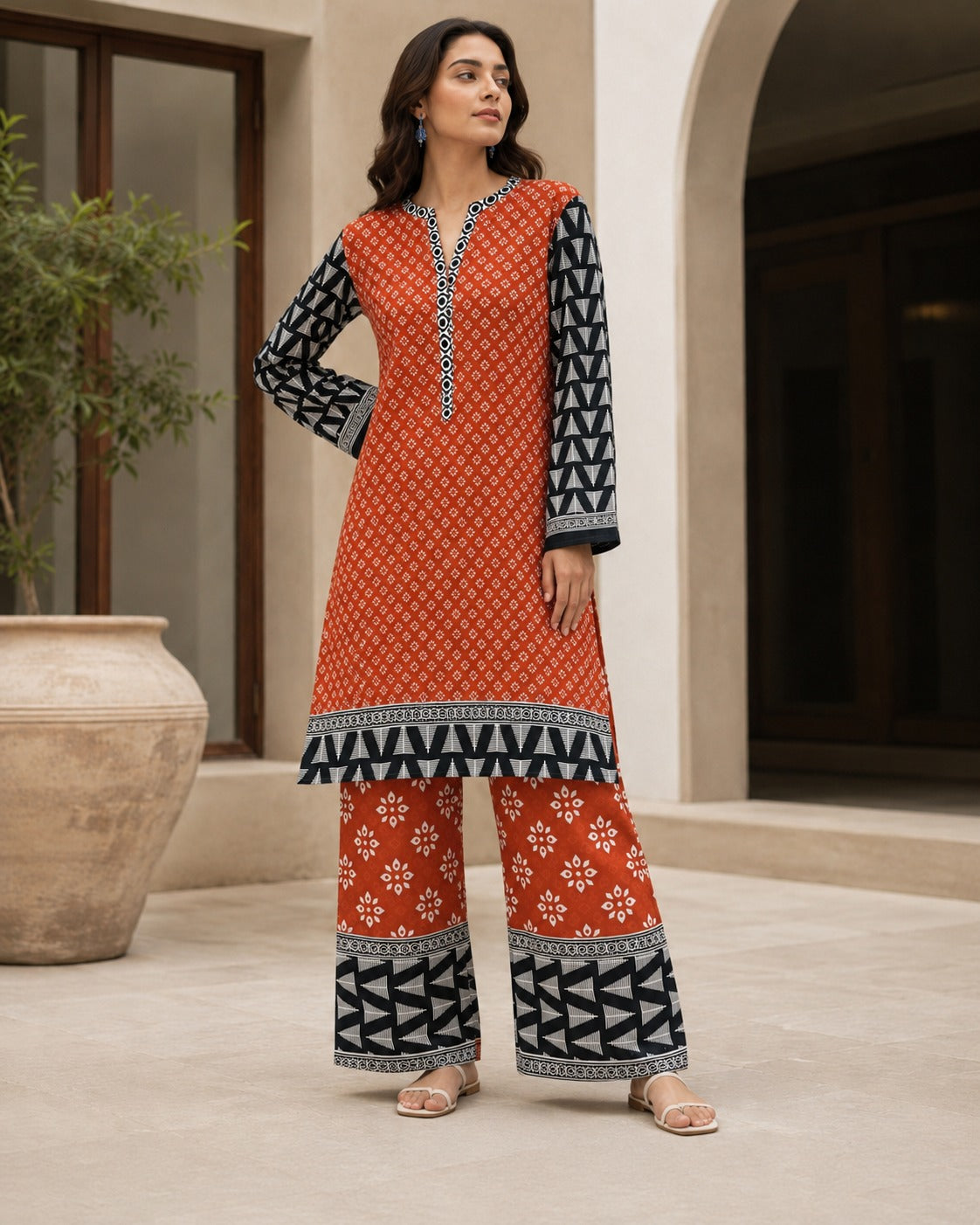 Boutique By Maryam printed linen 2 piece co-ord set in Narangi Siyah Geometric