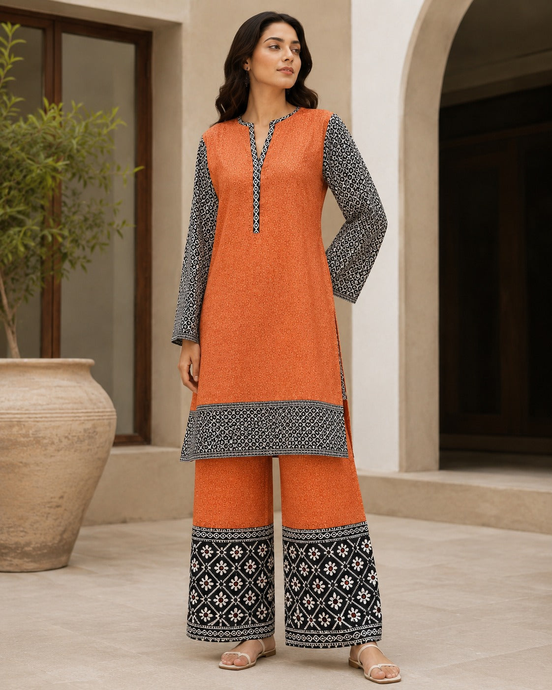 Boutique By Maryam printed linen 2 piece co-ord set in Narangi Siyah