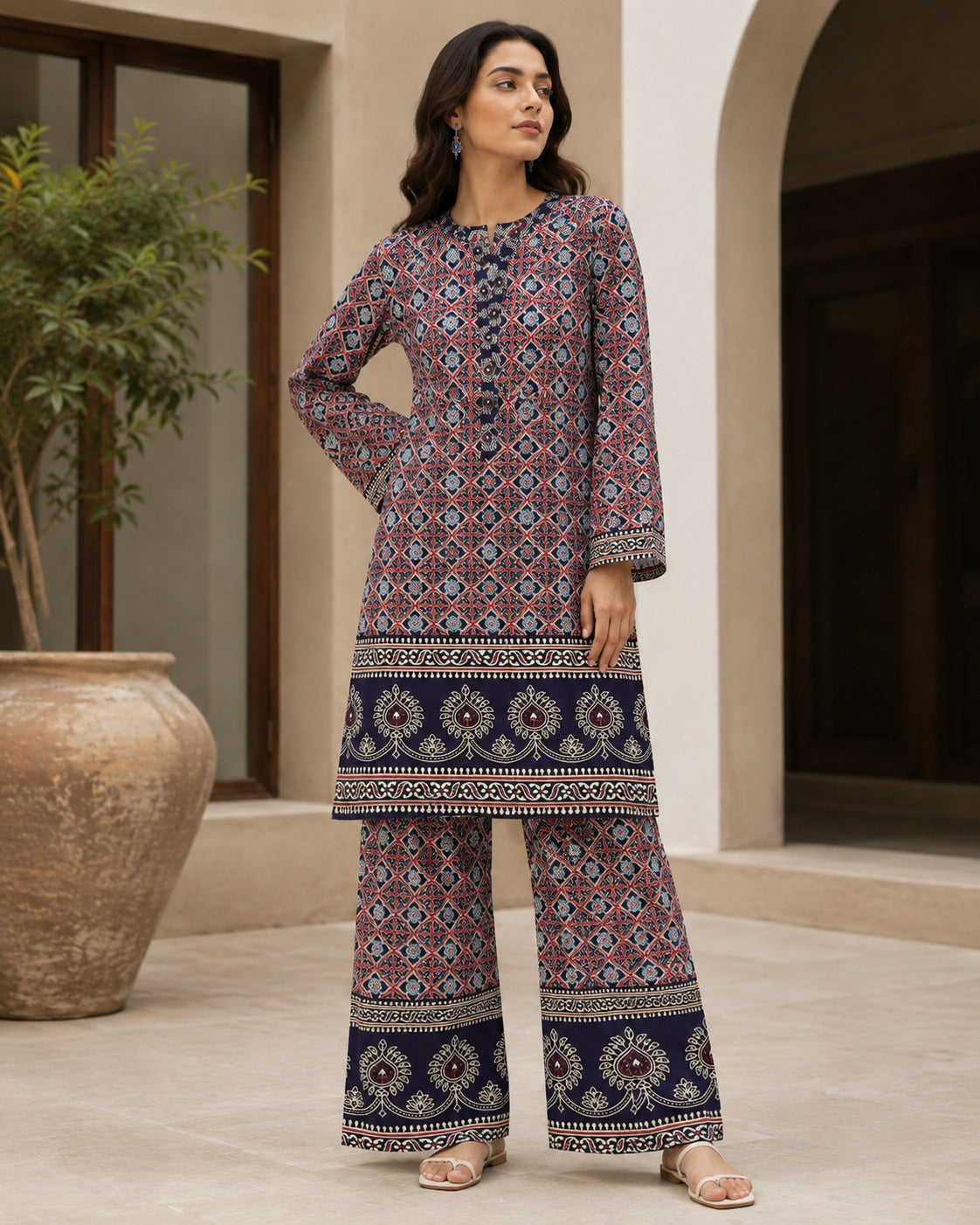 Boutique By Maryam printed linen 2 piece co-ord set in Navy Ajrak