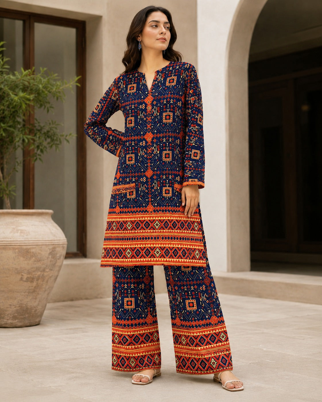 Boutique By Maryam printed linen 2 piece co-ord set in Navy Narangi