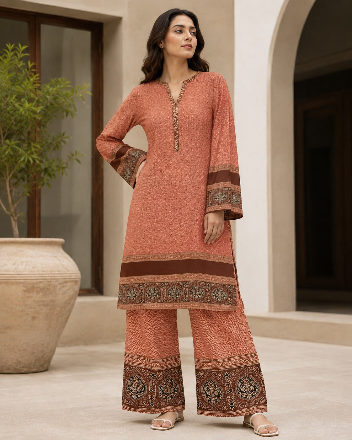 Boutique By Maryam printed linen 2 piece co-ord set in Peach Badami