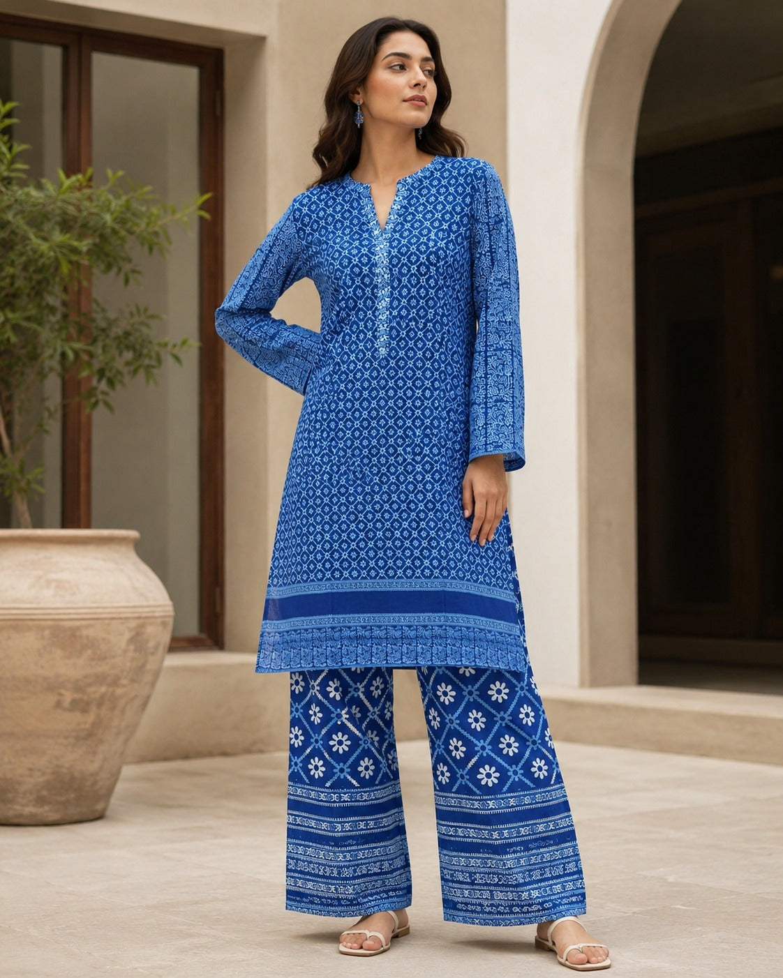 Boutique By Maryam printed linen 2 piece co-ord set in Roshan Neela