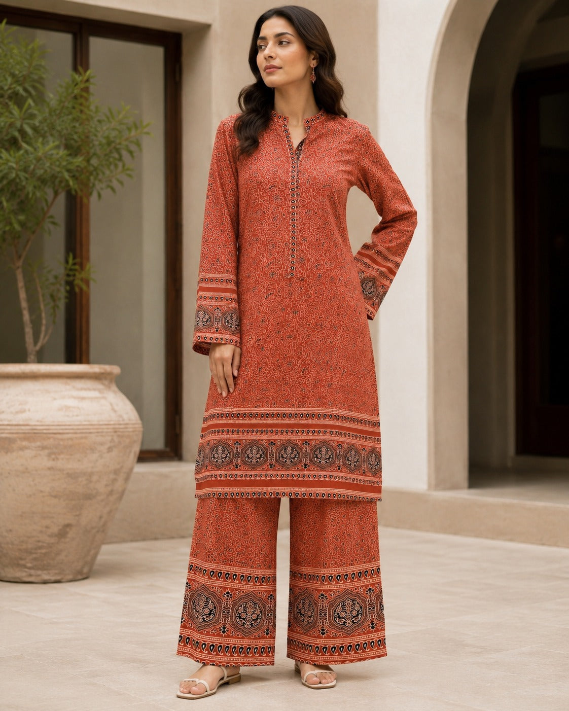 Boutique By Maryam printed linen 2 piece co-ord set in Rust Narangi