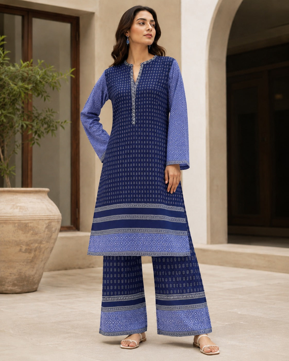 Boutique By Maryam printed linen 2 piece co-ord set in Shahi Neela