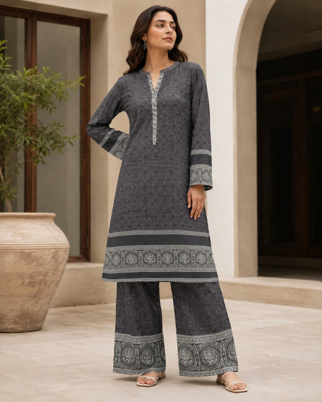 Boutique By Maryam printed linen 2 piece co-ord set in Surmai Grey