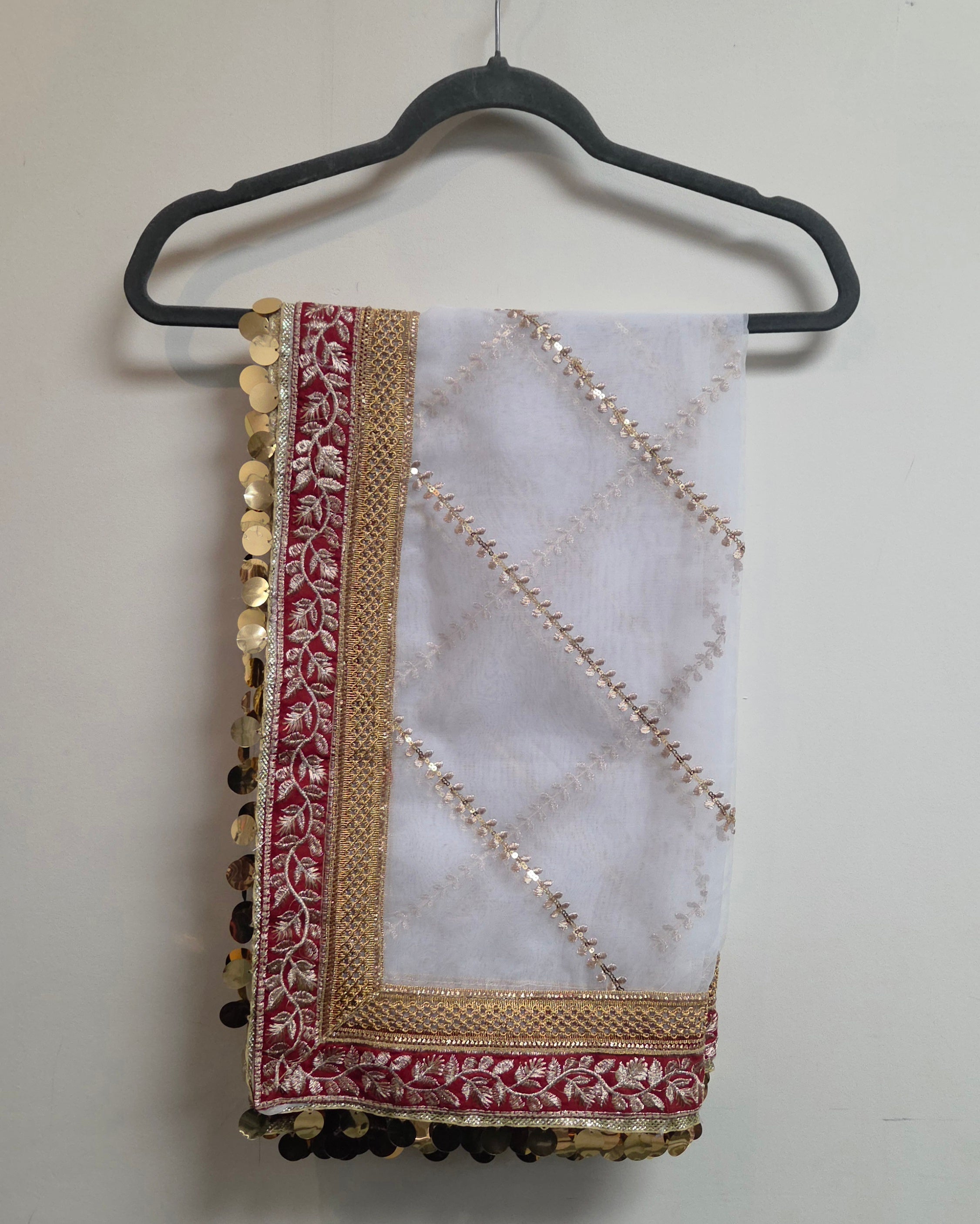 Luxury Organza Dupatta with Intricate Four - Sided Embroidery & Coin Embellishments - Boutique By MaryamBoutique By MaryamBoutique By MaryamwhiteLuxury Organza Dupatta with Intricate Four - Sided Embroidery & Coin Embellishments