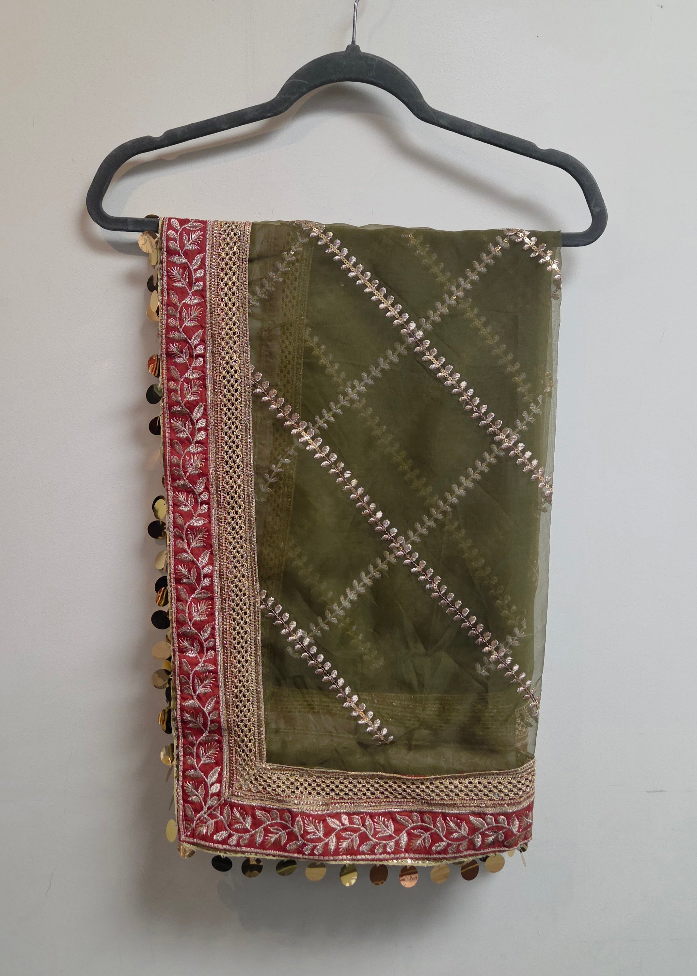 Luxury Organza Dupatta with Intricate Four - Sided Embroidery & Coin Embellishments - Boutique By MaryamBoutique By MaryamBoutique By Maryamolive - greenLuxury Organza Dupatta with Intricate Four - Sided Embroidery & Coin Embellishments