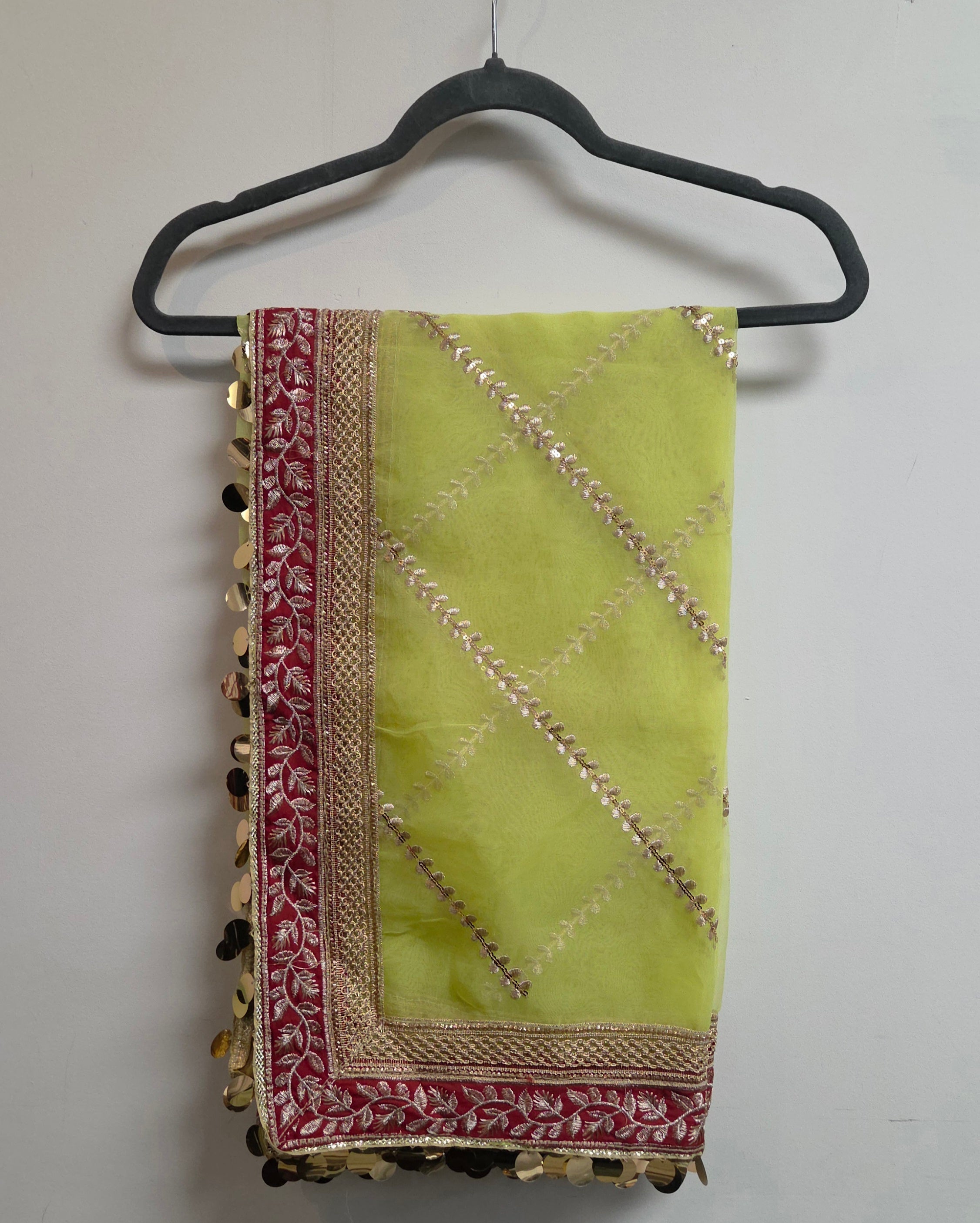 Luxury Organza Dupatta with Intricate Four - Sided Embroidery & Coin Embellishments - Boutique By MaryamBoutique By MaryamBoutique By Maryamparrot - greenLuxury Organza Dupatta with Intricate Four - Sided Embroidery & Coin Embellishments
