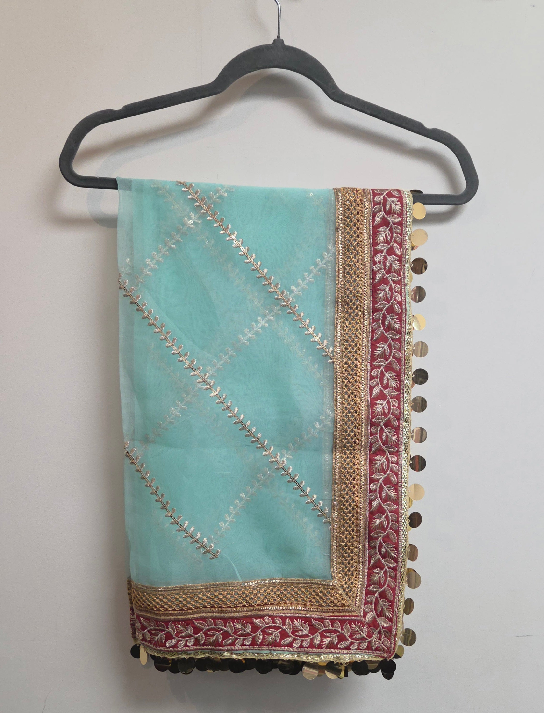 Luxury Organza Dupatta with Intricate Four - Sided Embroidery & Coin Embellishments - Boutique By MaryamBoutique By MaryamBoutique By Maryamlight - turquoiseLuxury Organza Dupatta with Intricate Four - Sided Embroidery & Coin Embellishments